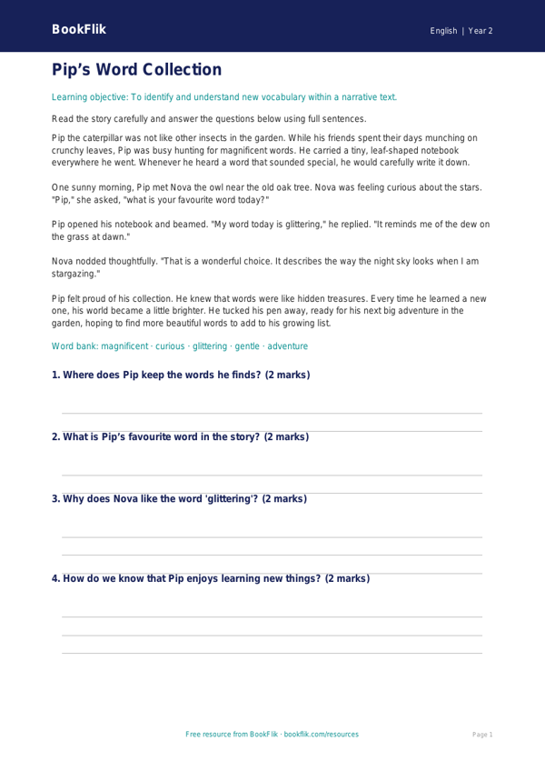 Free Vocabulary Comprehension | Year 2 | English | BookFlik worksheet preview — English Vocabulary