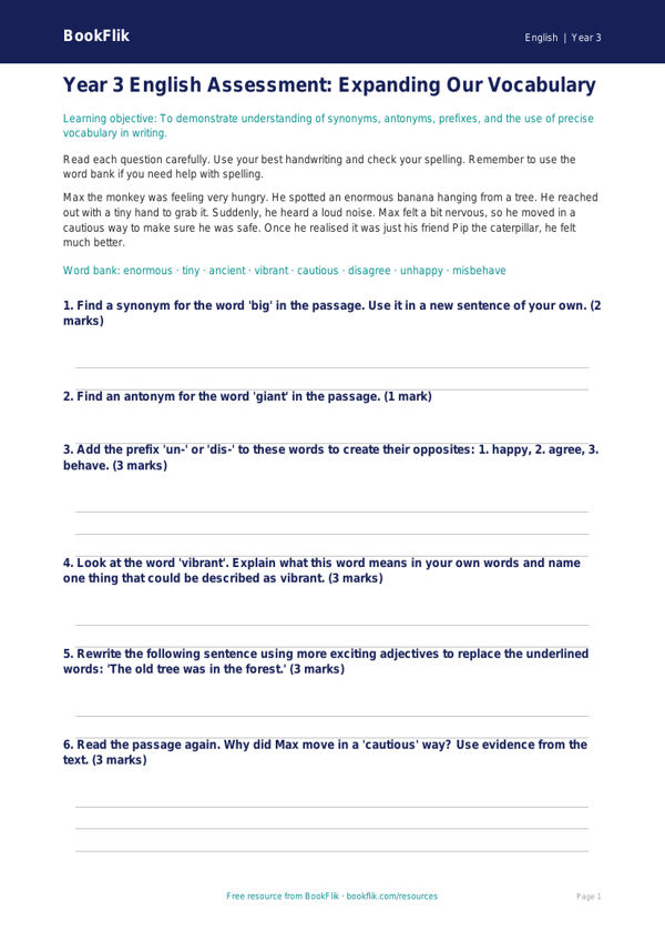 Year 3 Vocabulary Assessment Worksheet | Australian Curriculum | BookFlik worksheet preview — English Vocabulary