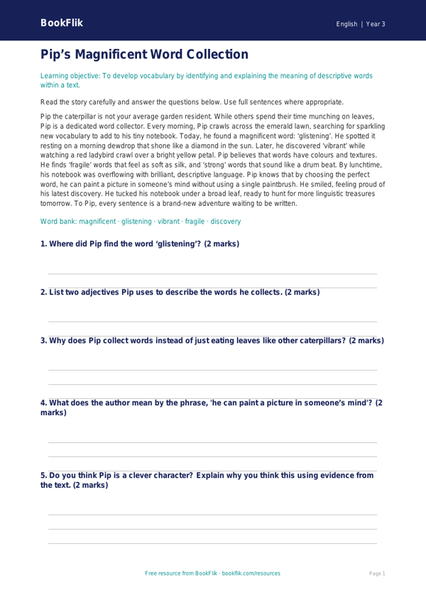 Free Vocabulary Comprehension | Year 3 | English | BookFlik worksheet preview — English Vocabulary