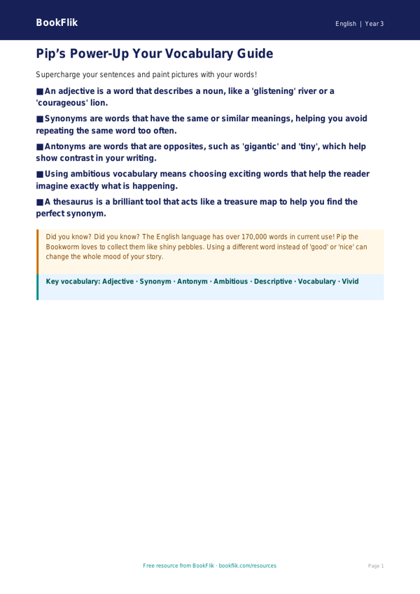Free Vocabulary Poster | Year 3 | English | BookFlik worksheet preview — English Vocabulary