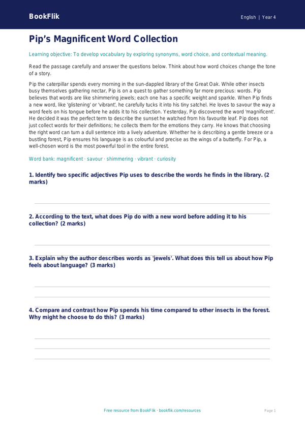 Free Vocabulary Comprehension | Year 4 | English | BookFlik worksheet preview — English Vocabulary