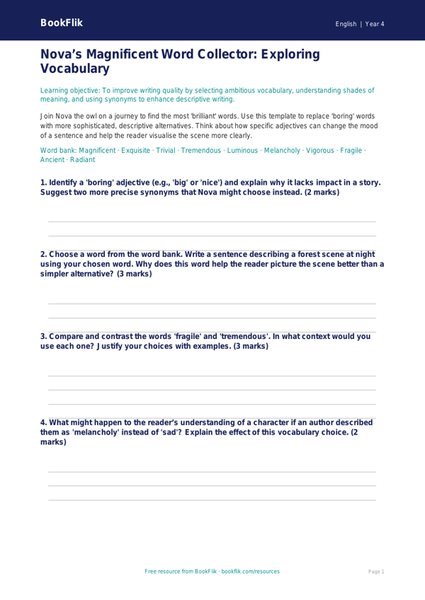 Free Vocabulary Template | Year 4 | English | BookFlik worksheet preview — English Vocabulary