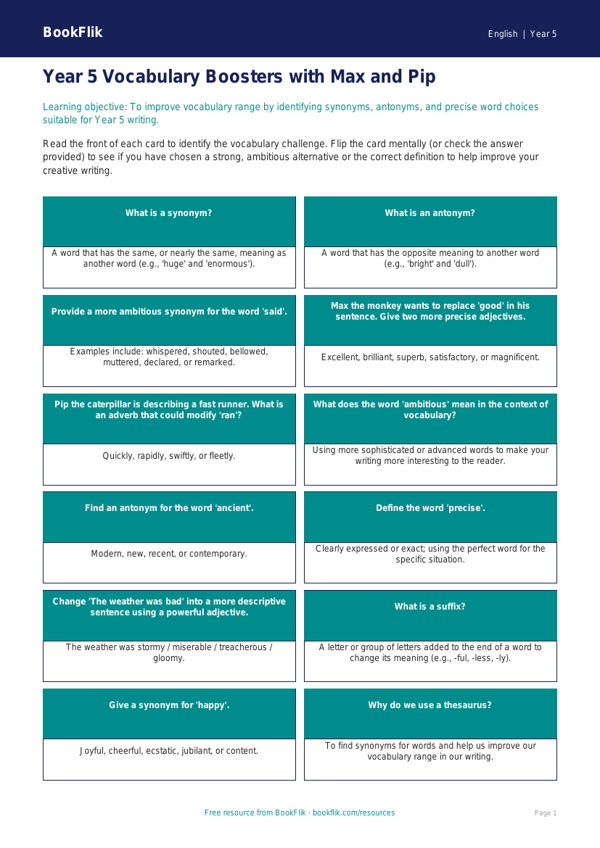 Vocabulary Flashcards Year 5 Free | English Resources | BookFlik worksheet preview — English Vocabulary