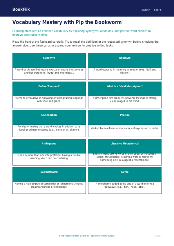 Year 5 Vocabulary Flashcards | Australian Curriculum English | BookFlik worksheet preview — English Vocabulary
