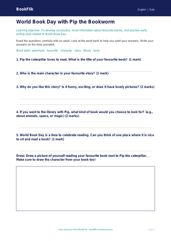 World Book Day Worksheet for Foundation | Australian Curriculum | BookFlik worksheet preview — English World Book Day