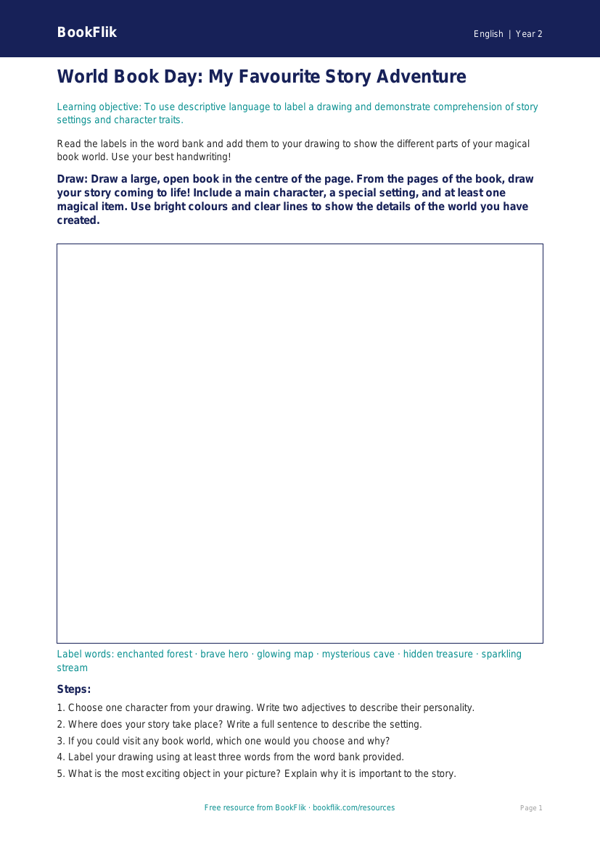 Free World Book Day Drawing Sheet | Year 2 | English | BookFlik worksheet preview — English World Book Day