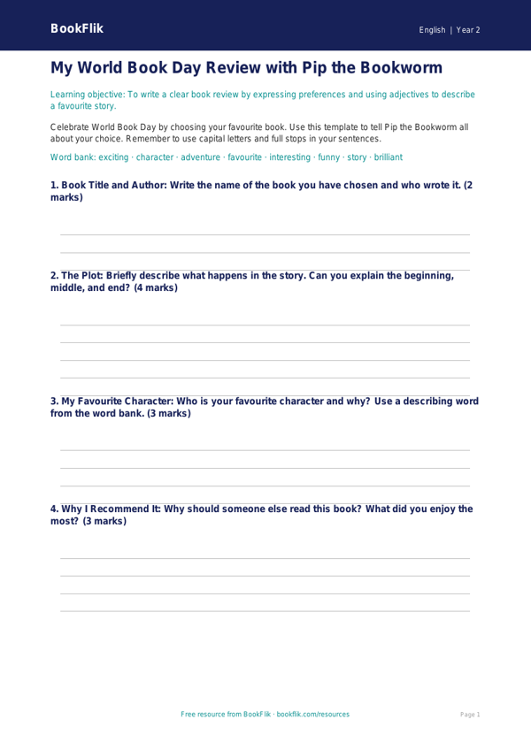 World Book Day Activity Sheet | Year 2 English | BookFlik worksheet preview — English World Book Day