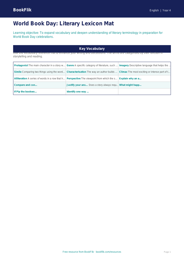 English world book day word mat year 4 greater depth worksheet preview — English World Book Day