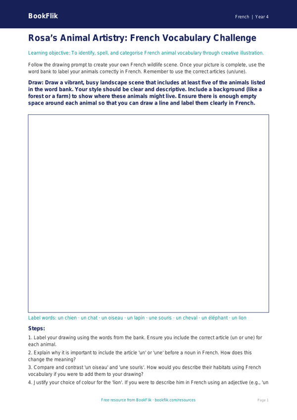 French Animals Drawing Sheet | Year 4 | Australian Curriculum worksheet preview — French Animals