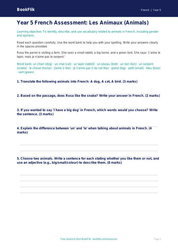 French Animals Assessment | Year 5 Australian Curriculum | BookFlik worksheet preview — French Animals