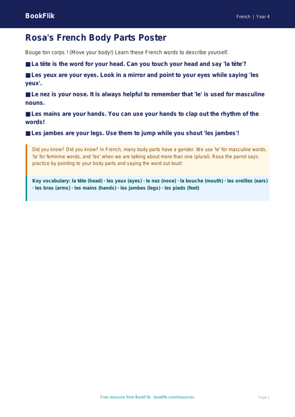 Free French Body Parts Poster for Year 4 | BookFlik worksheet preview — French Body Parts
