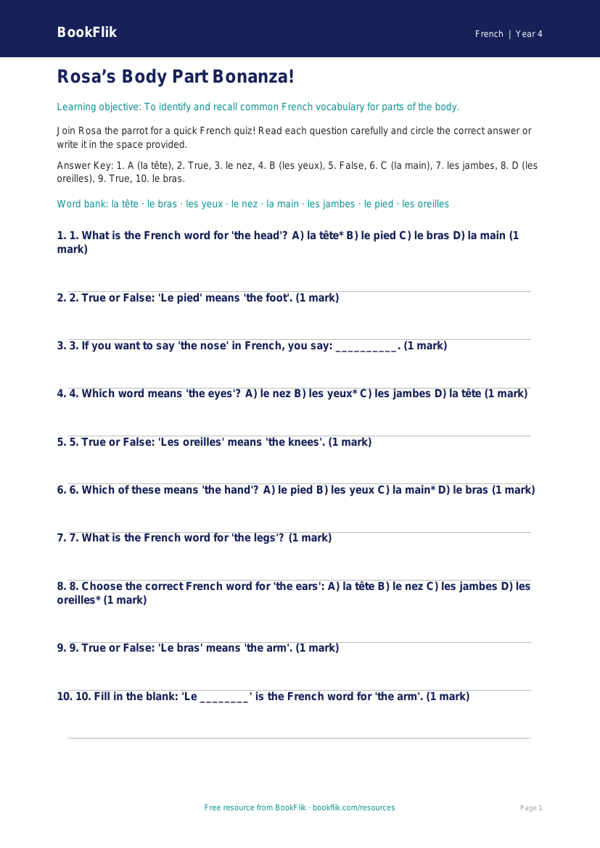 French Body Parts Quiz for Year 4 | Free Australian Curriculum Resource worksheet preview — French Body Parts