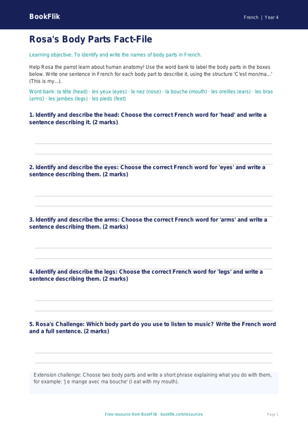 French body parts template year 4 core worksheet preview — French Body Parts