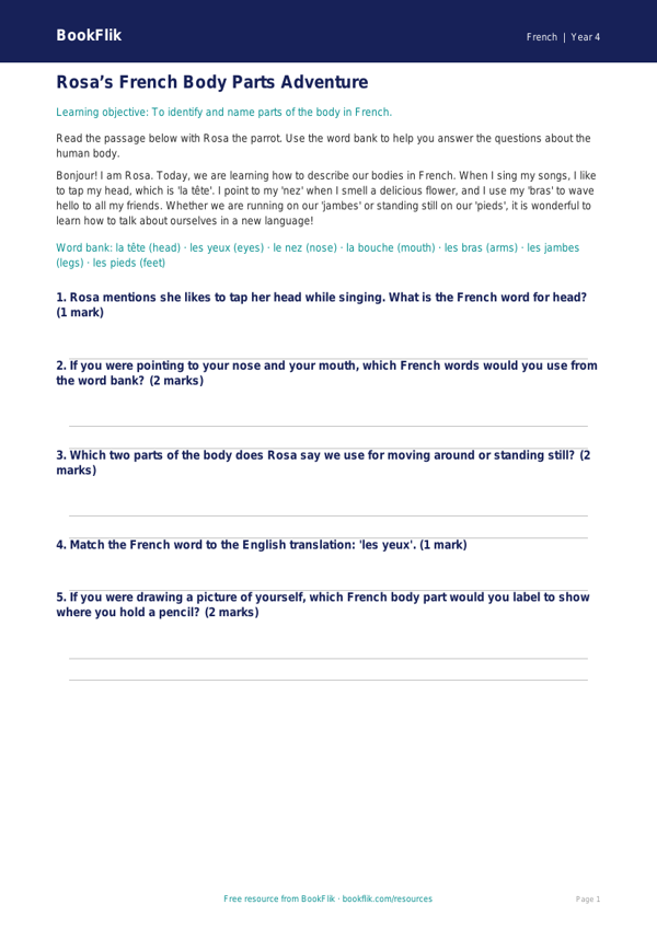 Free Body Parts Track Sheet | Year 4 | French | BookFlik worksheet preview — French Body Parts