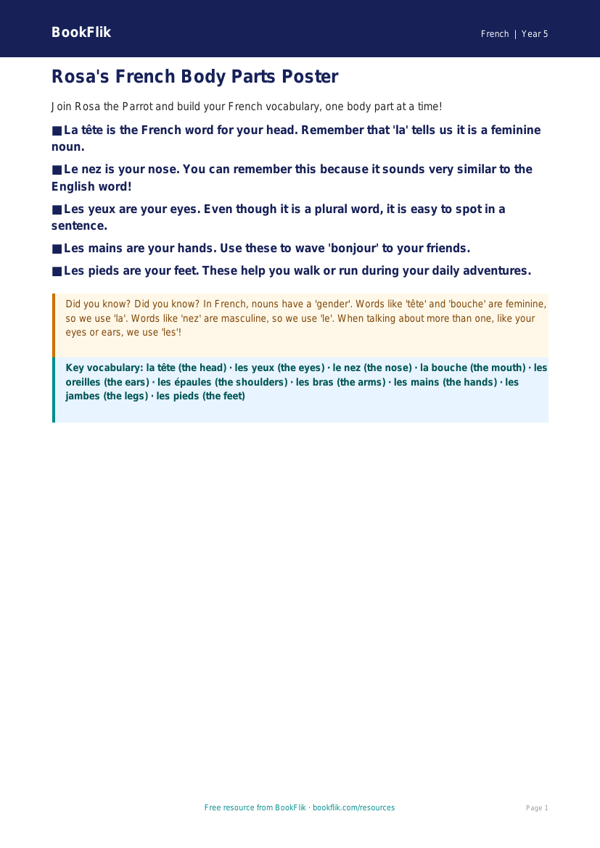 Free French Body Parts Poster for Year 5 | BookFlik worksheet preview — French Body Parts