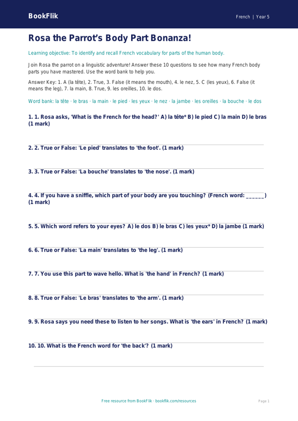 French Body Parts Quiz for Year 5 | Australian Curriculum worksheet preview — French Body Parts