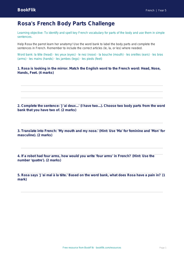 Free French Body Parts Worksheet | Year 5 Australian Curriculum worksheet preview — French Body Parts
