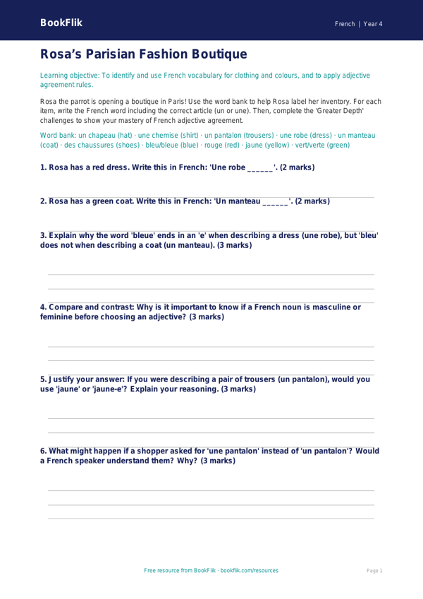 French Clothes Activity Sheet | Year 4 | Greater Depth | BookFlik worksheet preview — French Clothes