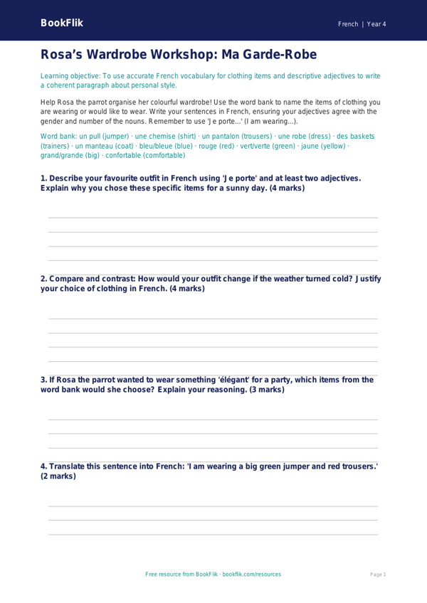 French Clothes Vocabulary & Activities | Year 4 | BookFlik worksheet preview — French Clothes