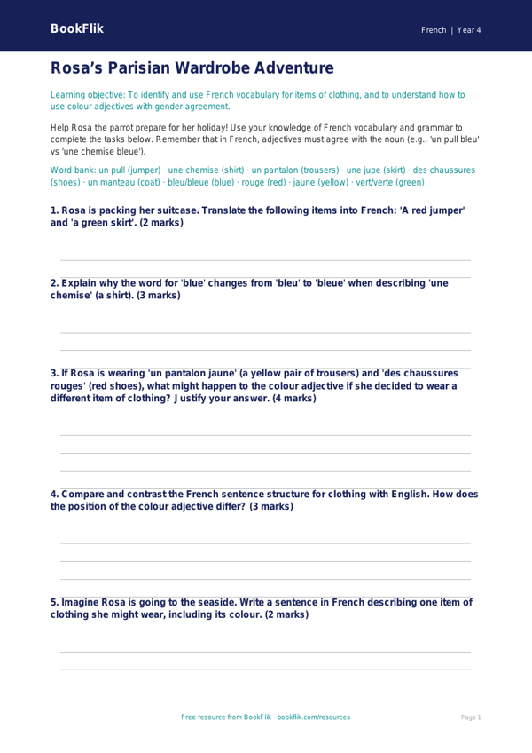 French Clothes Worksheet Year 4 | Free Australian Curriculum Resources worksheet preview — French Clothes