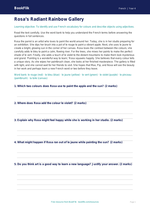 Free Colours Comprehension | Year 4 | French | BookFlik worksheet preview — French Colours