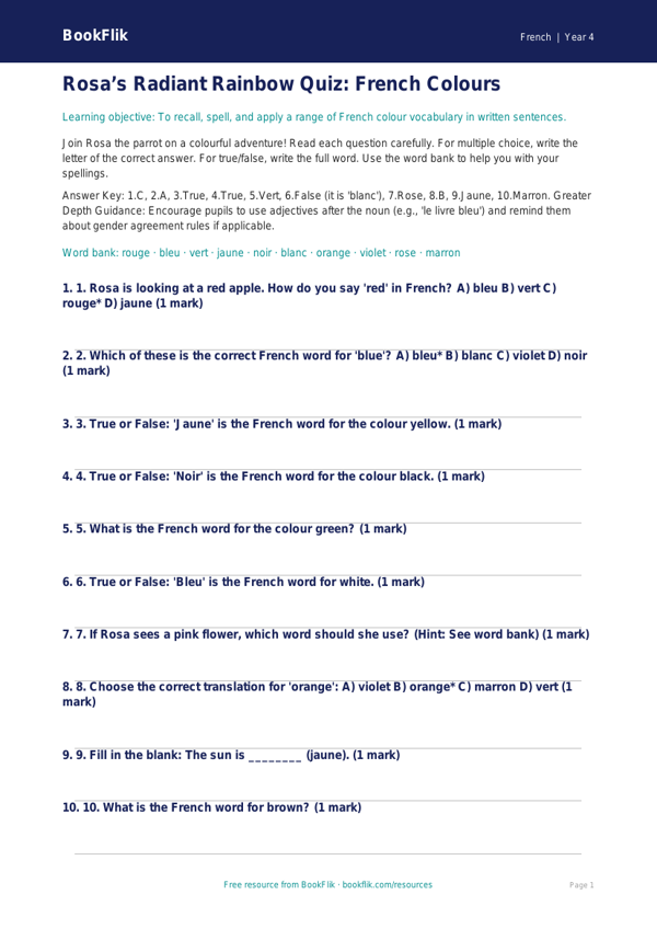 French Colours Quiz for Year 4 | Greater Depth | BookFlik worksheet preview — French Colours