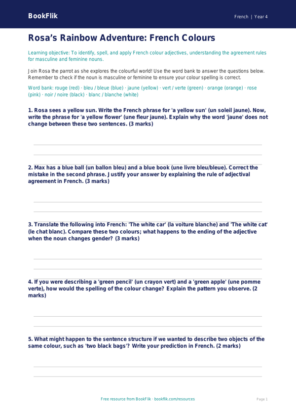 Free Colours Worksheet | Year 4 | French | BookFlik worksheet preview — French Colours