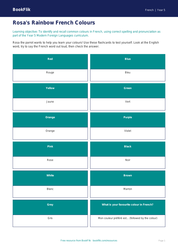 French Colours Flashcards | Year 5 French Resources | BookFlik worksheet preview — French Colours