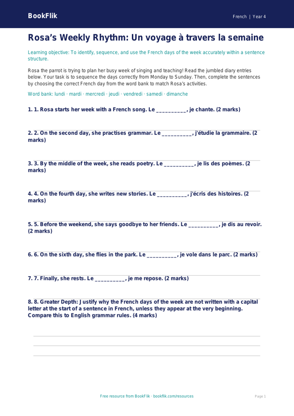 Free Days Of The Week Activity Sheet | Year 4 | French | BookFlik worksheet preview — French Days Of The Week