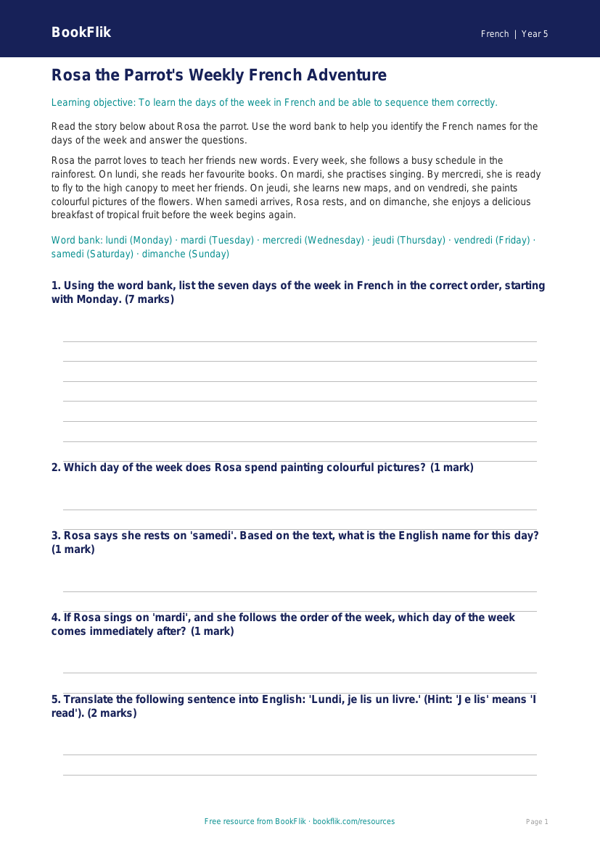Free Days Of The Week Track Sheet | Year 5 | French | BookFlik worksheet preview — French Days Of The Week