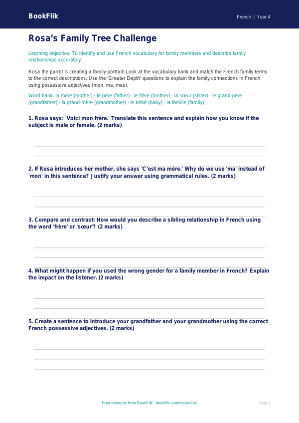 Free Family Activity Sheet | Year 4 | French | BookFlik worksheet preview — French Family