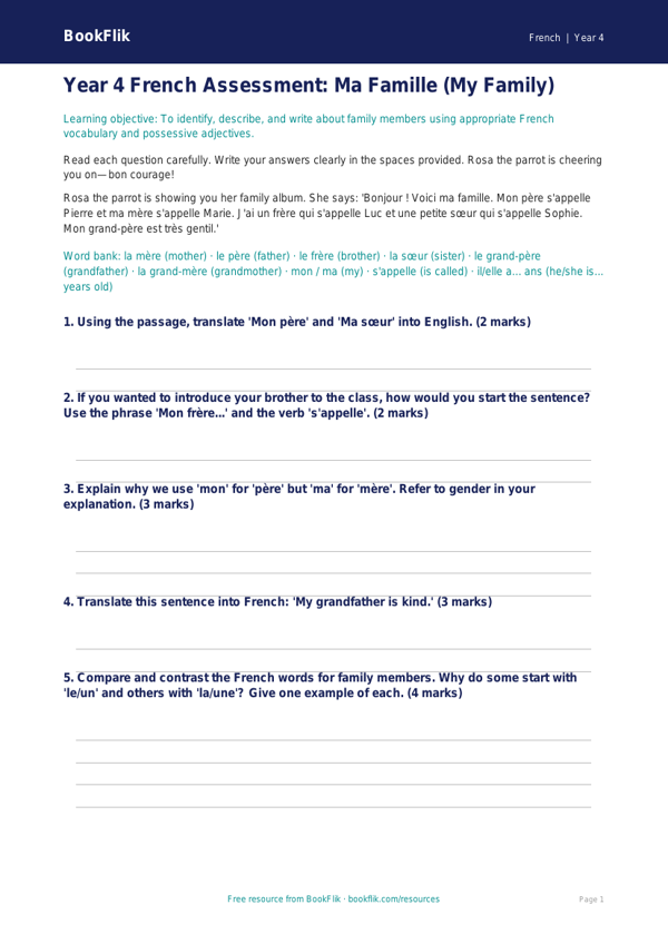 Year 4 French Family Assessment | Australian Curriculum Resources worksheet preview — French Family