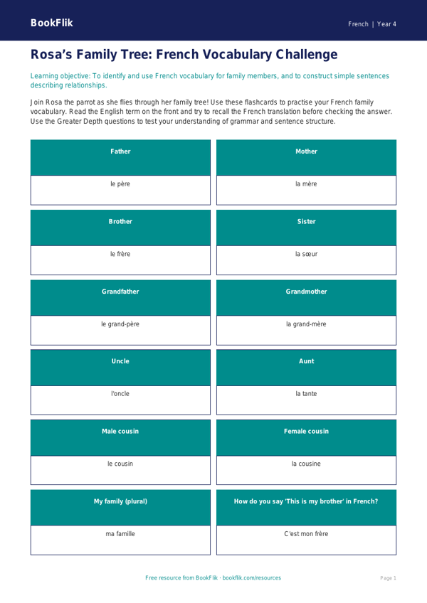 French Family Vocabulary Flashcards | Year 4 | Free Download worksheet preview — French Family