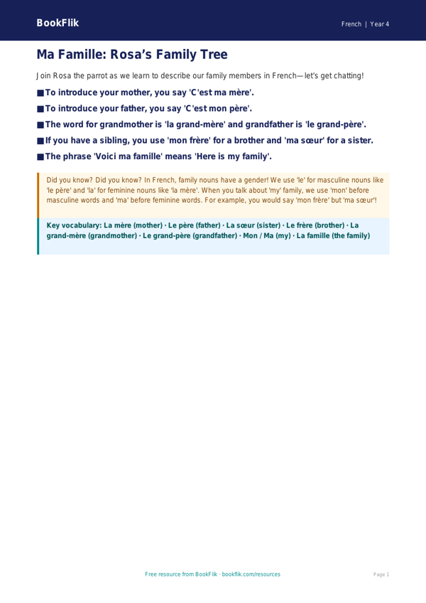 French Family Vocabulary Poster | Year 4 Australian Curriculum worksheet preview — French Family