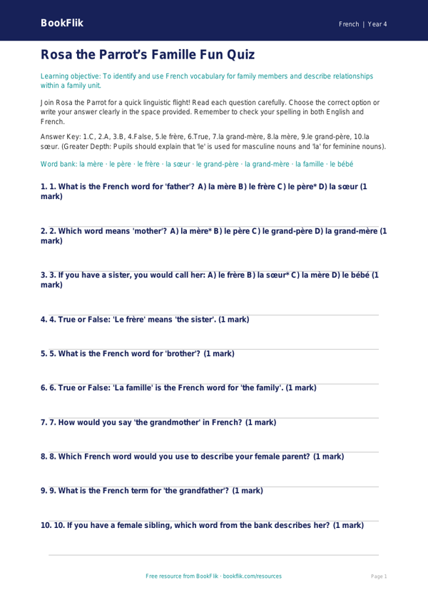 French Family Vocabulary Quiz | Year 4 | BookFlik Resources worksheet preview — French Family