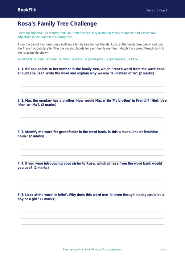 Free Family Activity Sheet | Year 5 | French | BookFlik worksheet preview — French Family