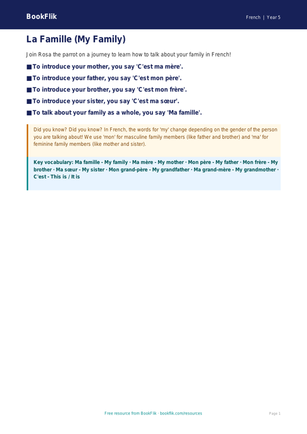 French Family Members Poster | Year 5 French Resources | BookFlik worksheet preview — French Family