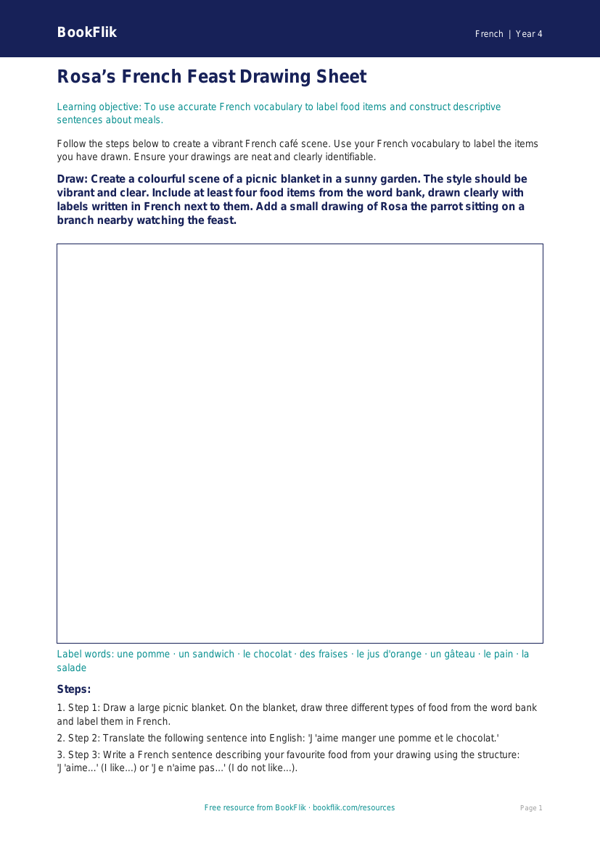 French Food Drawing Sheet | Year 4 | Australian Curriculum | BookFlik worksheet preview — French Food