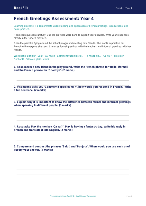 Free Greetings Assessment | Year 4 | French | BookFlik worksheet preview — French Greetings