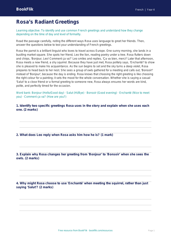 French Greetings Comprehension Activity | Year 4 | BookFlik worksheet preview — French Greetings