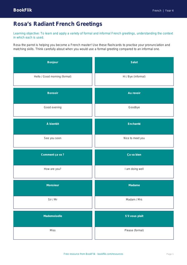 French Greetings Flashcards for Year 4 | Australian Curriculum worksheet preview — French Greetings