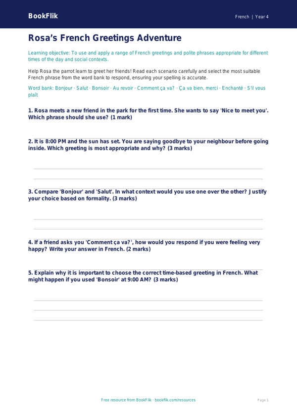 French Greetings Worksheet | Year 4 French | BookFlik worksheet preview — French Greetings