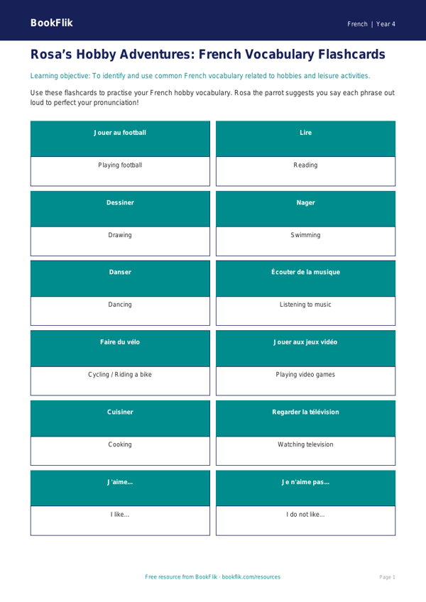 Free Hobbies Flashcards | Year 4 | French | BookFlik worksheet preview — French Hobbies