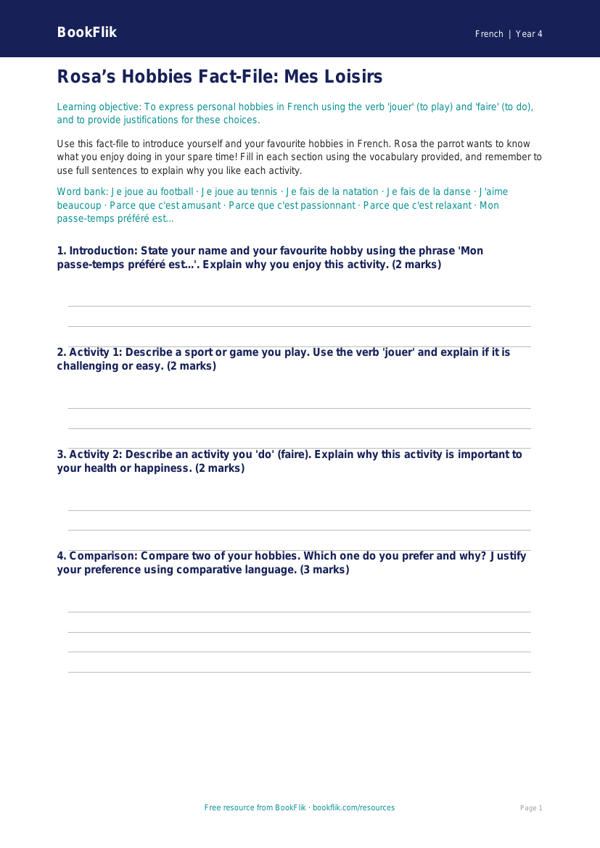 French Hobbies Template | Year 4 Australian Curriculum | BookFlik worksheet preview — French Hobbies