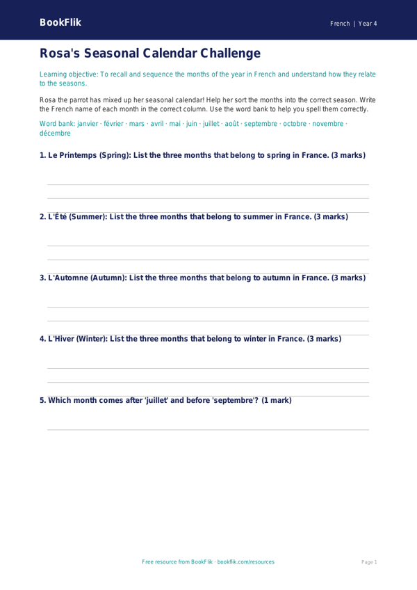 Free Months Of The Year Activity Sheet | Year 4 | French | BookFlik worksheet preview — French Months Of The Year