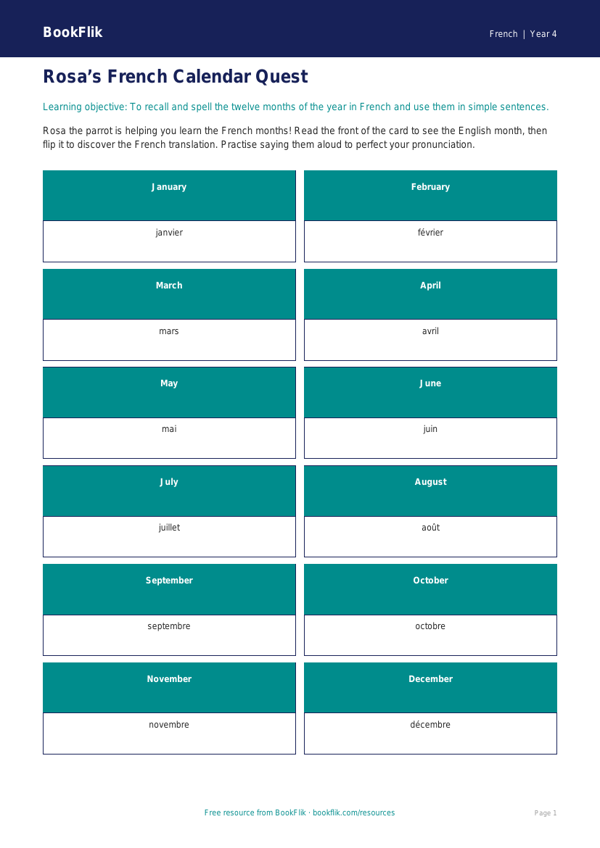 Free Months Of The Year Flashcards | Year 4 | French | BookFlik worksheet preview — French Months Of The Year