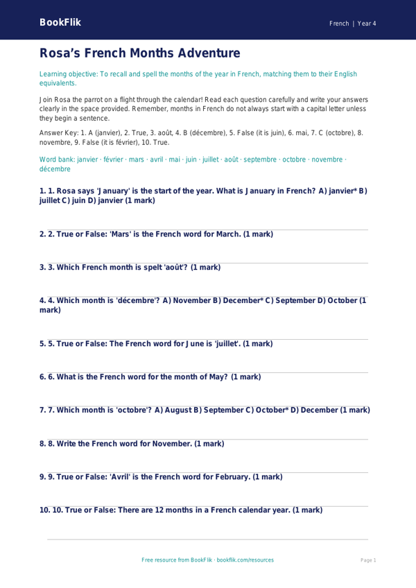 Free Months Of The Year Quiz | Year 4 | French | BookFlik worksheet preview — French Months Of The Year