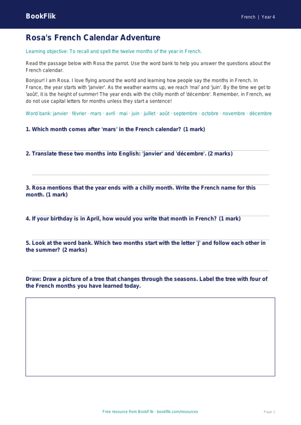 Free Months Of The Year Track Sheet | Year 4 | French | BookFlik worksheet preview — French Months Of The Year