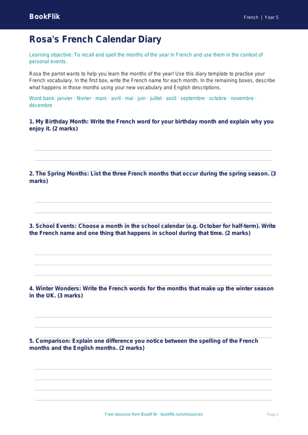 Free Months Of The Year Template | Year 5 | French | BookFlik worksheet preview — French Months Of The Year