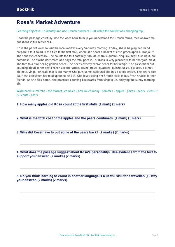 Year 4 French Numbers Comprehension | Greater Depth | BookFlik worksheet preview — French Numbers